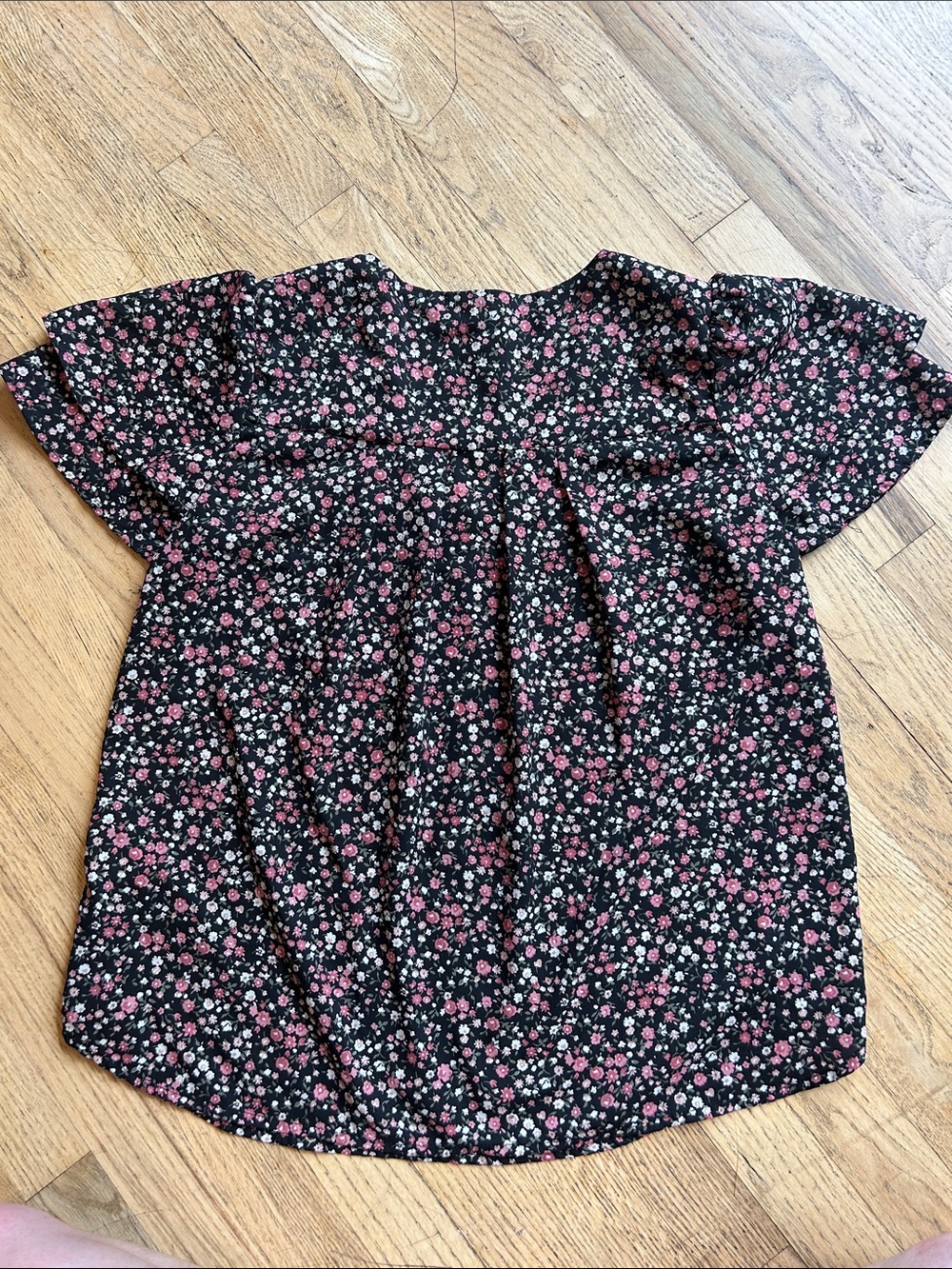 🌸3 FOR $20🌸 
 Pleione Black Floral Ruffle Sleeve Blouse with Pink & White Print - Picture 8 of 10